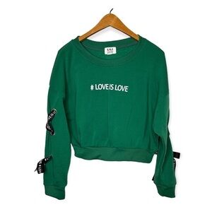 Lili Sport Green Long Sleeve ‘Love Is Love’ Crop Sweatshirt Women's Size XL‎